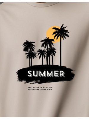 Gannhers Summer Palm Baskılı Taş Rengi Unisex T-Shirt %100 Pamuklu Tişört