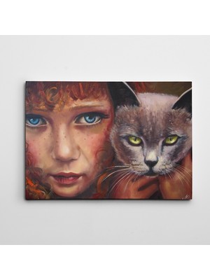 Dekolata Kedi ve Kız Yağlı Boya Reprodüksiyon Kanvas Tablo