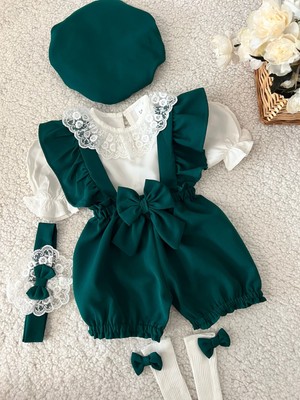 Trend Natural Kız Çocuk Bebek Şortlu Takım Şapka Bandana Gömlek Askılı Şort Salopet Çorap Set