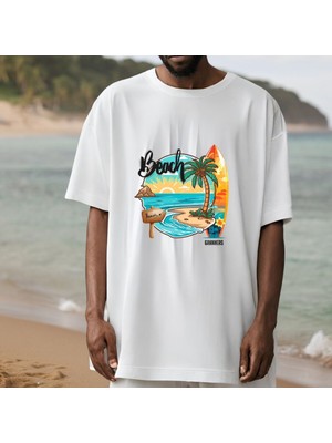 Gannhers Beach Oversize Beyaz T-Shirt %100 Pamuklu Unisex Tişört