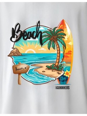 Gannhers Beach Oversize Beyaz T-Shirt %100 Pamuklu Unisex Tişört