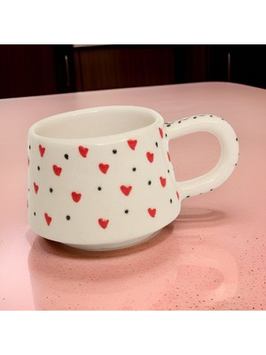 İlbay Çini Takı Ilbay Seramik Klasik Kırmızı Kalpli Kupa Bardak Mug Neskafe Fincanı