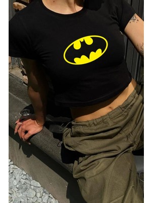 Violon Siyah Batman Logo Desenli Crop Body