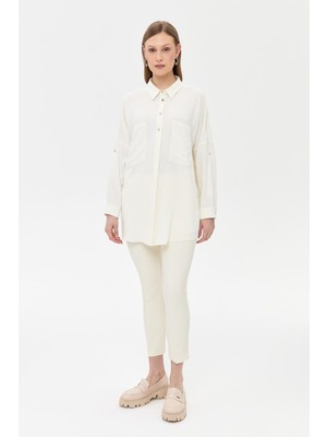 Accort Arkası Taş Detaylı  Oversize Gömlek-KEMIK