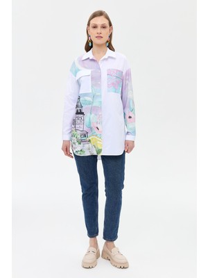 Accort Baskı Detaylı Koton Gömlek-BEYAZ