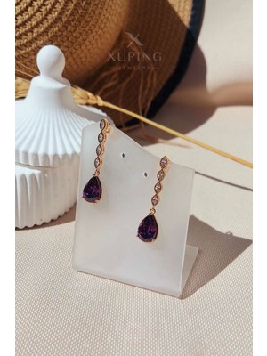 Xuping Jewelry Xuping Küpe Markiz Kesim Ametist ve Zirkon Taşlı 14 Ayar Altın Kaplama Rose Renk