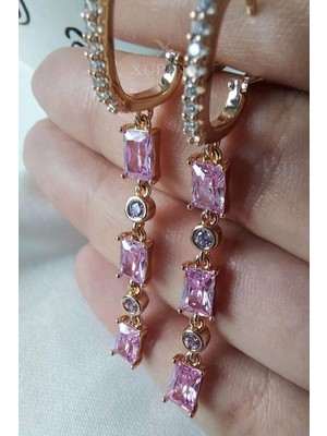 Xuping Jewelry Xuping Küpe Pembe Kuvars Baget ve Yuvarlak Kesim Zirkon Taşlı 14 Ayar Altın Kaplama Rose Renk