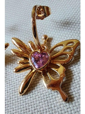 Xuping Jewelry Xuping Küpe Kelebek Figürlü Kalp Şeklinde Pembe Kuvars ve Zirkon Taşlı 14 Ayar Altın Kaplama Rose Renk