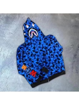 Lavinia Boutiques Unisex 2 Iplik Bape Kapüşonu Fermuarlı Hırka - Mavi