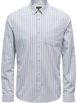 Only & Sons Slim Fit Gri - Mavi Çizgili Erkek Gömlek Onsalvaro Slım Ls Oxford Strıpe Shı
