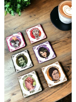 Major Selection Yeşilçam Türk Sineması Replikleri -1. Set 6lı Retro Ahşap Bardak Altlığı Seti