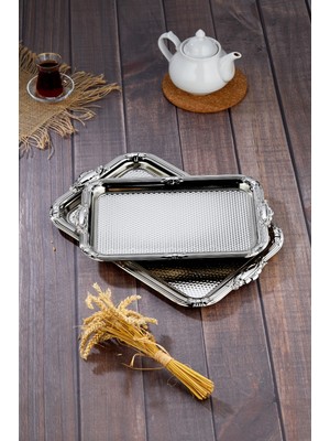 Metal Lüks Dikdörtgen 2 Li Metal Gümüş Renk Sunum Tepsi Seti