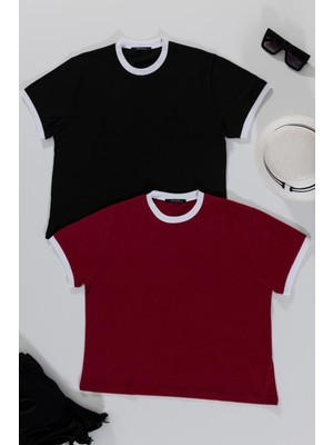 Now Moda 2'li Garnili Bordo Siyah Tshirt