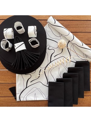 Desenizmir Amerikan Servis Siyah Düğüm Desen Takım 6 Supla, 6 Kumaş Peçete, 6 Peçete Halkası ve Runner Örtü Kombin 2