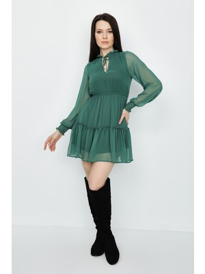 Select Moda Kadın Balon Kollu Fırfırlı Şifon Elbise