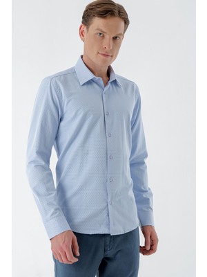 Morven  Erkek Mavi Dobby Armür Ihracat Slim Fit Gömlek