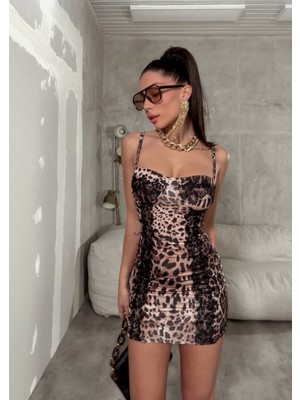 Lovefab Love Fab Ince Askılı Dantel Detaylı Leopar Mini Elbise