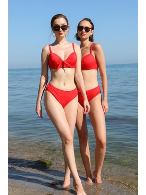 Akbeniz Kadın Içi Boş Fiyonklu Kaplı Alt Üst Bikini Takım Kırmızı 35011