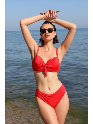 Akbeniz Kadın Içi Boş Fiyonklu Kaplı Alt Üst Bikini Takım Kırmızı 35011