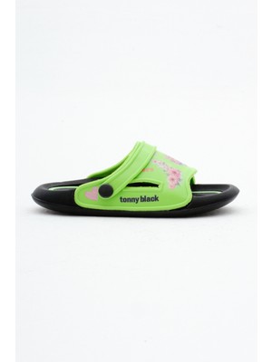 Kız Çocuk Yeşil Çiçek Desenli Poli Taban Terlik