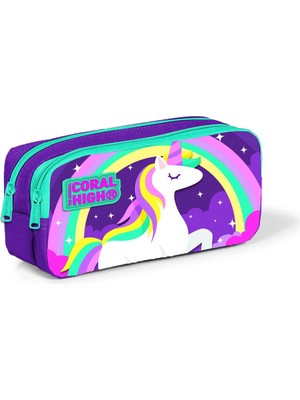Coral High Kids Mor Unicorn Desenli İki Bölmeli Hafif Polyester Kalem Çantası – Okul ve Ofis Kullanımına Uygun