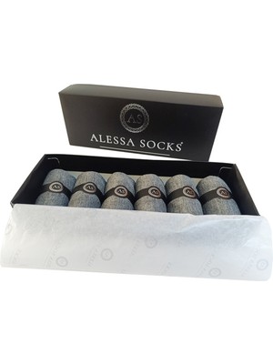 Alessa Socks Bambu Soket Gri Uzun Çorap Desenli Kare 6 Çift Burun Dikişsiz Yıkamalı