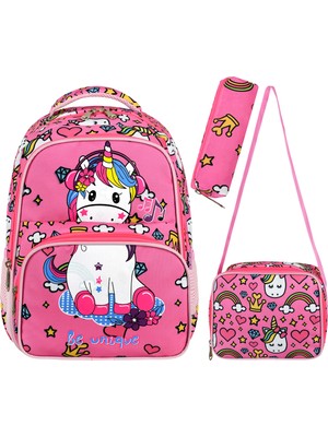Roxy Lisanslı Unicorn Desenli 3'lü Set Okul Çantası,termal Beslenme Çantası ve Kalem Kutusu Seti