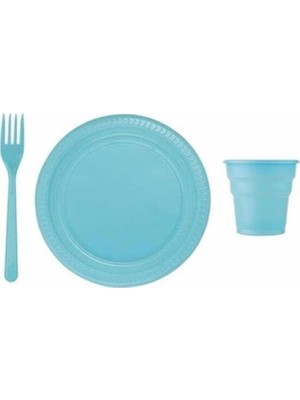 Kikajoy 25 Li Plastik Tabak Bardak Çatal Seti Mavi Renkli Parti Malzemeleri