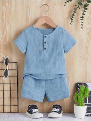 Bubito Unisex Bebek&çocuk %100 Pamuklu Düğmeli Müslin Alt Üst Şort Takım-Mavi