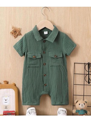 Bubito Unisex Bebek&çocuk  Pamuklu Tahta Düğmeli Cepli Müslin Tulum-Yeşil