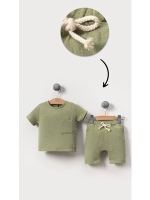 Bubito Unisex Bebek&çocuk %100 Pamuklu Müslin Cepli Alt Üst Şort Takım-Yeşil