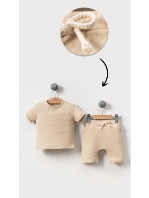 Bubito Unisex Bebek&çocuk %100 Pamuklu Müslin Cepli Alt Üst Şort Takım-Bej