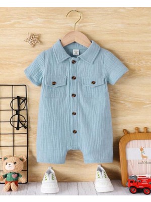 Bubito Unisex Bebek&çocuk  Pamuklu Tahta Düğmeli Cepli Müslin Tulum-Turkuaz