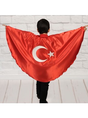 Sedirli Türk Bayrağı Pelerin Gösteri Kostümü Kız-Erkek Ay Yıldız Bayraklı 23 Nisan 2-6 Yaş (M),7-12 Yaş (L)