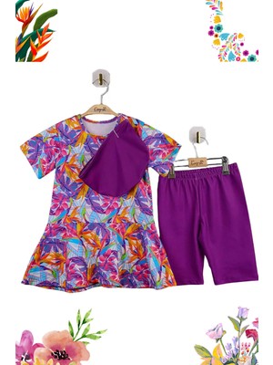 Bilge Trend Kız Çocuk Mor Çiçek Desenli Kısa Kollu Üst , Bone , Tayt 3parça Deniz Havuz Mayo Seti