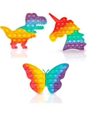 Deembro Popit Oyuncak Pop It Push Buble Fidget Kelebek  Unicorn ve Dinozor Zihinsel ve Duyusal 3'lü Set Popit Oyuncak