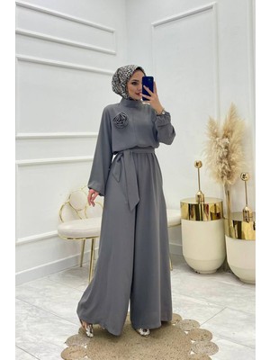 Neşeli Butik Kadın Gri Kuşaklı Gül Detaylı Salaş Tulum NMS003