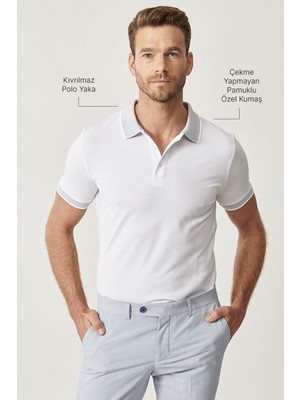 AC&Co / Altınyıldız Classics Erkek Çekmeyen Pamuklu Kumaş Slim Fit Dar Kesim Beyaz Kıvrılmaz Polo Yaka T-shirt