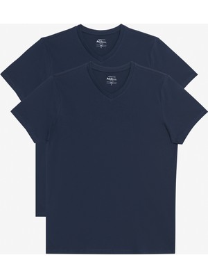 Altınyıldız Classics Erkek Lacivert-lacivert 2'li V Yaka %100 Pamuk Slim Fit Dar Kesim Basic Tişört
