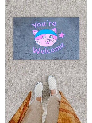 Narnuga Dijital Baskı Dekoratif Welcome Kedili Antrasit Kapı Önü Paspası K-1292