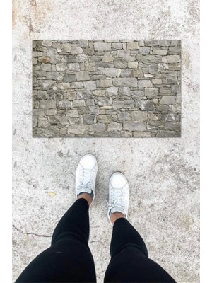 Narnuga Dijital Baskı Gri Taş Duvar Desen Kapı Önü Paspası K-1063