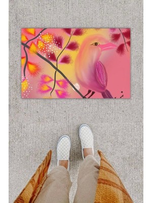 Narnuga Dijital Baskı Dekoratif Kuş Fuşya Kapı Önü Paspası K-1220