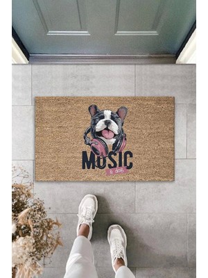 Narnuga Dijital Baskı Kahverengi Music Yazılı Kulaklıklı Köpek Dekoratif Kapı Paspası K-2042