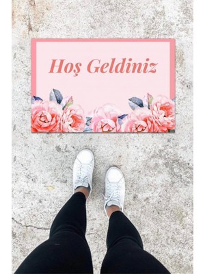 Narnuga Dijital Baskı Pembe Gül Desen Kapı Önü Paspası K-1011