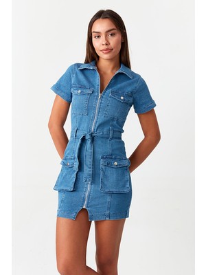 Select Moda Kadın Denim Beli Kuşaklı Elbise