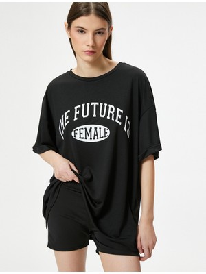 Koton Oversize Spor Tişört Baskılı Uzun Kollu Bisiklet Yaka