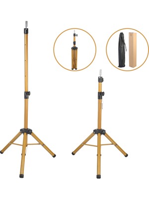 Trend Peruk Kuaför Eğitim Mankeni Için Metal Tripod - Simli Gold + Taşıma Çantası