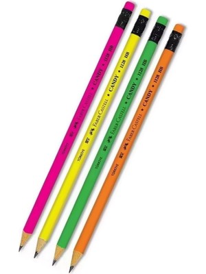 Faber-Castell Kurşun Kalem Silgili 4 Adet Candy Hb Siyah Kurşun Kalem Silgili Kalem Neon Desenli Hb Kalem