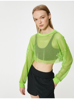 Koton Kadın Oversize File Spor Tişört Uzun Kollu Crop Bisiklet Yaka Günlük Stil Yeşil