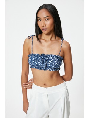 Koton Çiçekli Fırfırlı Crop Üst Ince Askılı Bağlamalı Viskon Kumaş